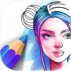 The logo is a blue pencil shading a half-finished coloring page of a woman