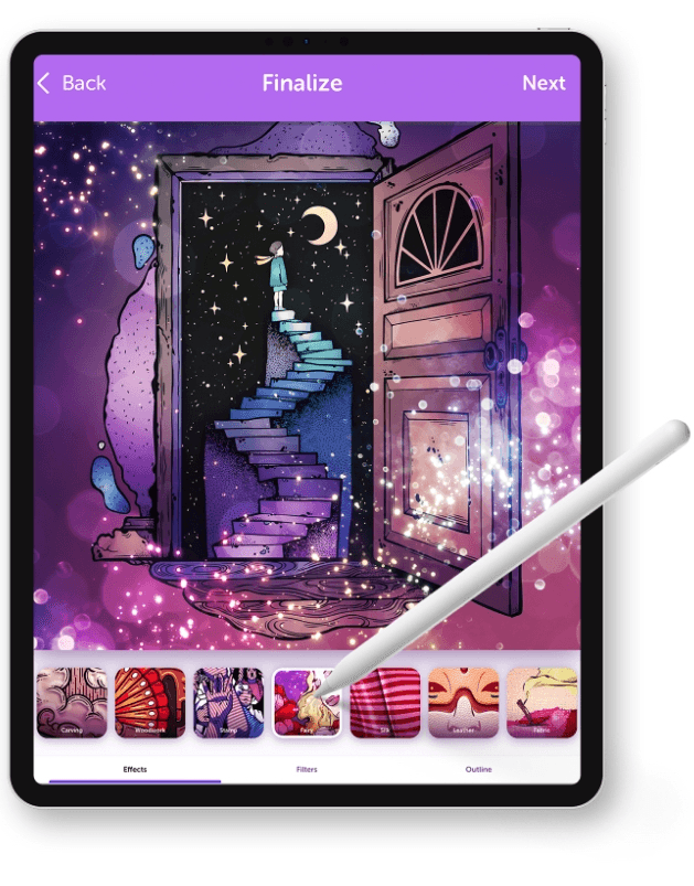 A coloring page shows a magic door that opens to show a boy climbing stairs to the moon. The user selects a different image to work with in the app.