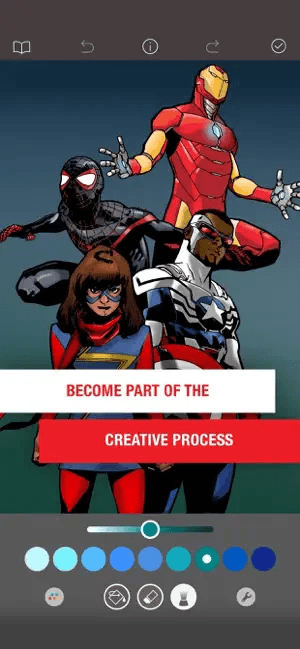 Four colored-in superheroes appear in the app with a color-picking tool selected.