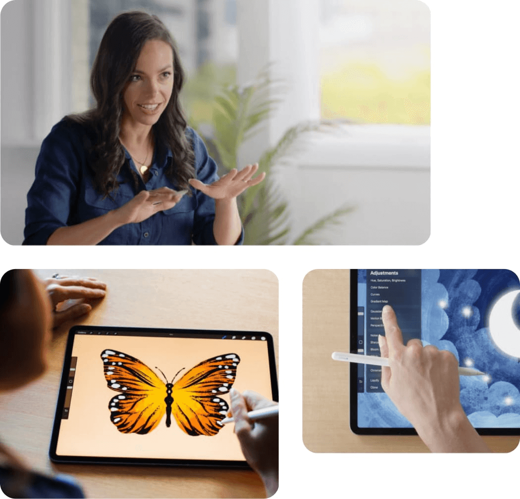 A person draws a butterfly in the Procreate app using a stylus.