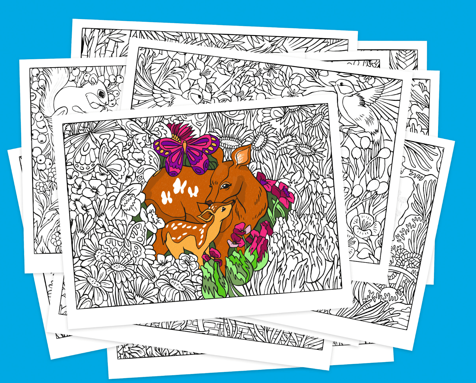 A half-finished coloring page of a deer and faun shows the style of the app.