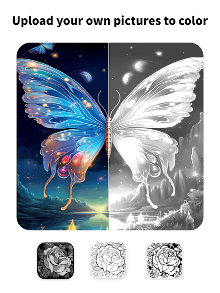 A side by side of an unfinished and finished coloring page of a moth against a lake landscape is featured in the app with other coloring pages to choose beneath.