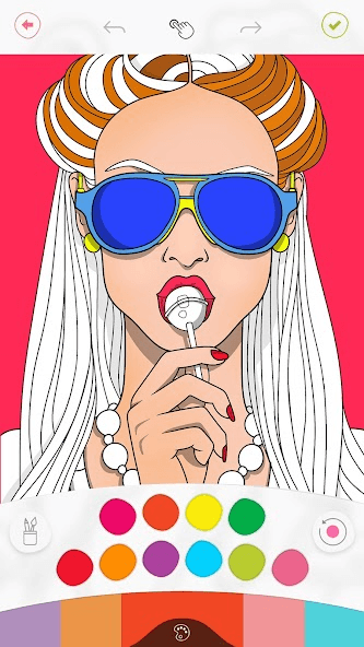 A half-finished coloring page of a woman in sunglasses is shown.