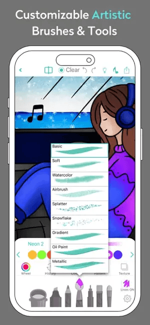 A coloring page of a woman wearing headphones is incomplete. The user has selected a paintbrush with a variety of styles available to choose from.