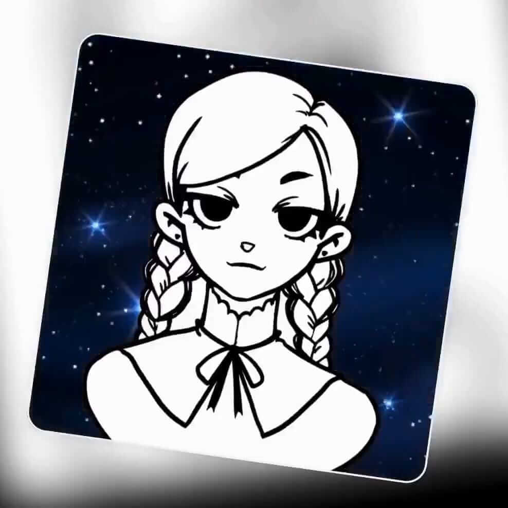 A blank coloring page featuring a girl is shown with a user-chosen starry sky background.