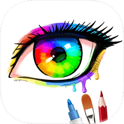 A range of drawing tools appears below a brightly colored rainbow eye forming the logo