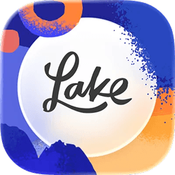 The word Lake in black script surrounded by abstract colors
