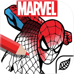 The Marvel logo is featured in the app logo over a half-finished spiderman being colored by a red pencil.