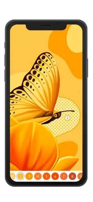 A half-finished color-by-number image of a butterfly showcases the art style of the app