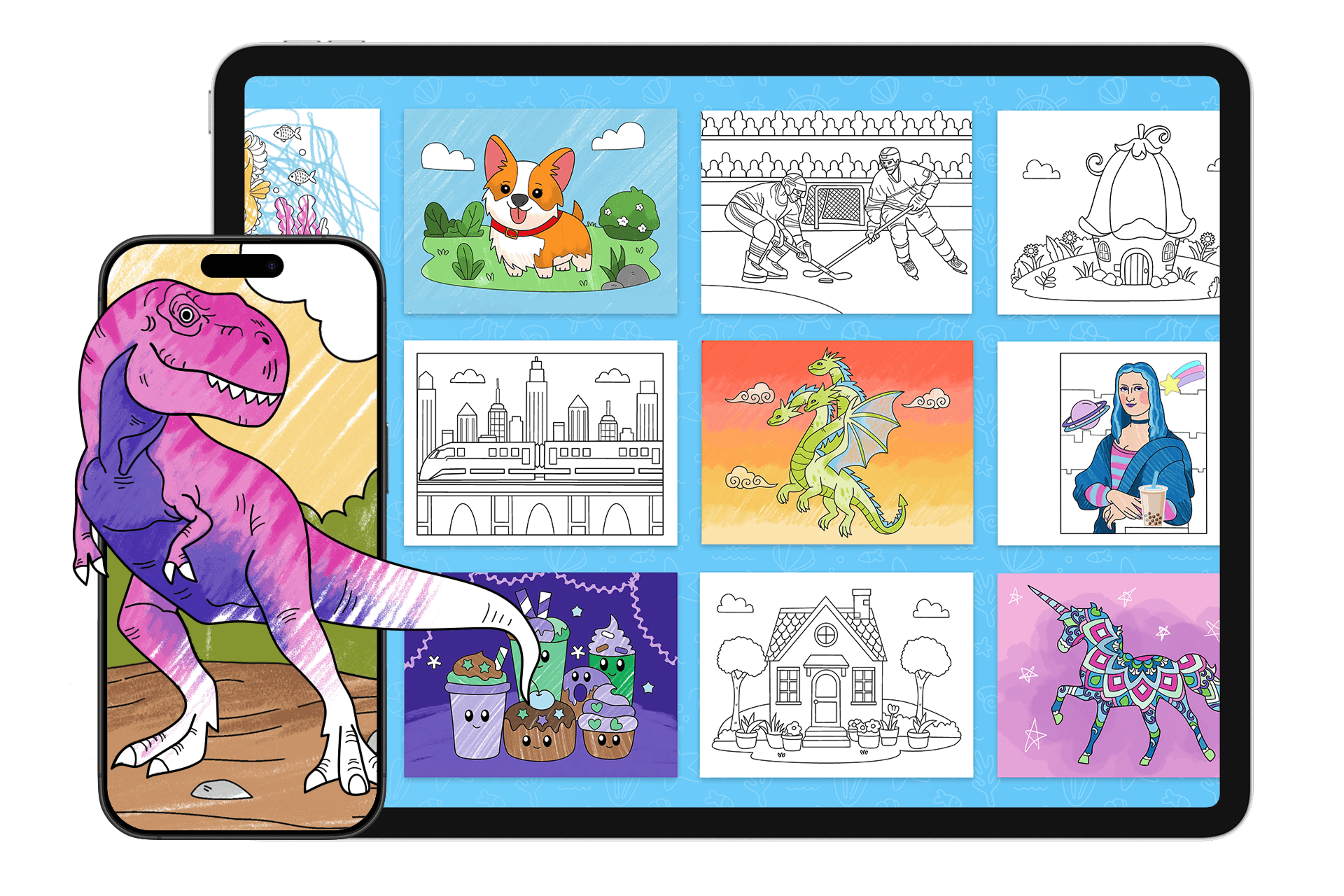 Example of coloring pages in Aqua by Adobe app including dinosaur, dogs, dragons, famous artwork