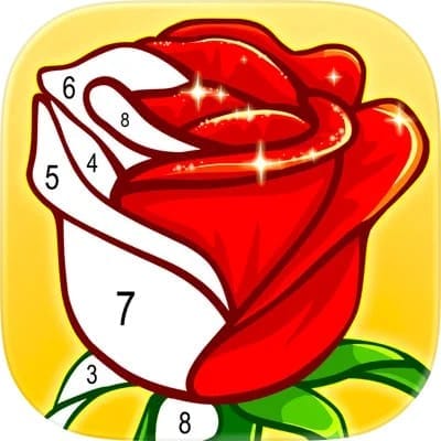 A half-finished color-by-number image of a rose with shiny elements forms the logo