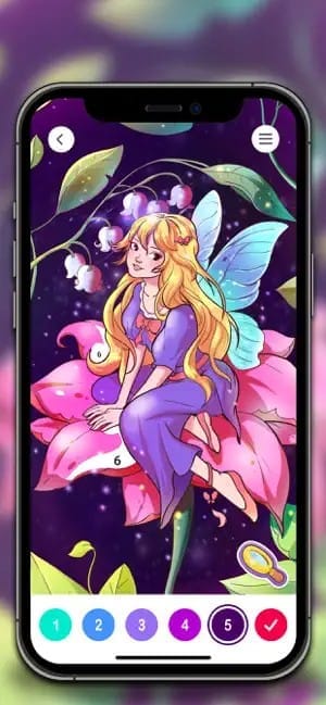 A coloring page of a fairy sitting on a flower is half finished in the app
