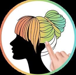 A hand taps the profile of a woman with rainbow hair in a coloring book style