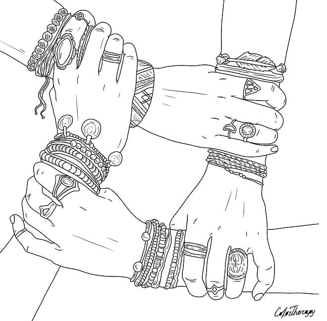 A blank page from the app features four hands linked to each other covered in jewelry.