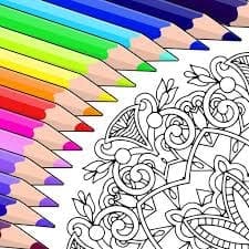 A range of colored pencils sits next to a blank coloring page forming the logo.