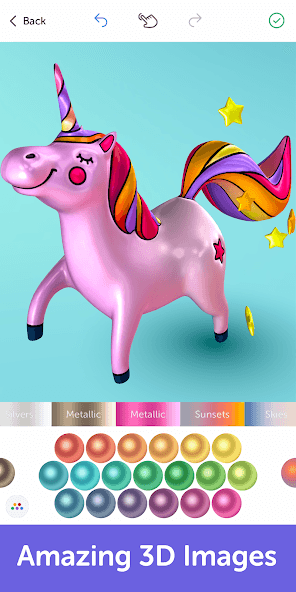 A 3D coloring of a unicorn showcases the metallic paint options in the ap
