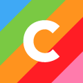 a rainbow palette with a white C forms the logo