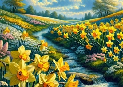 A field of daffodils with a river running through it is one of the in-app coloring pages.
