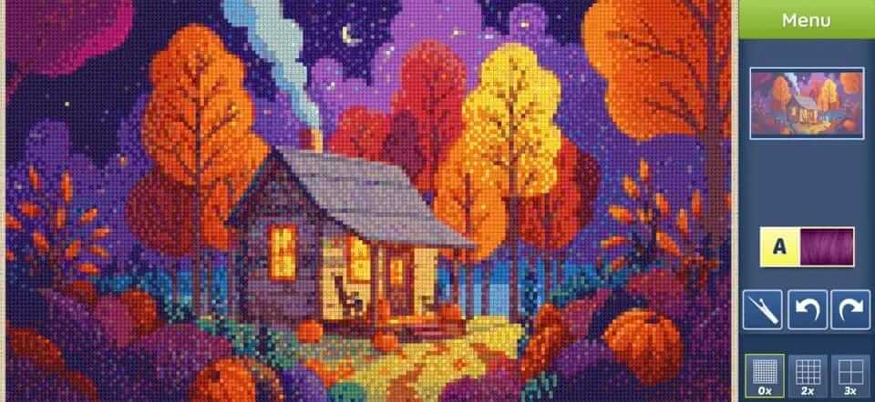 A fall image of a cabin in the woods showcases the cross-stitch style of the coloring app