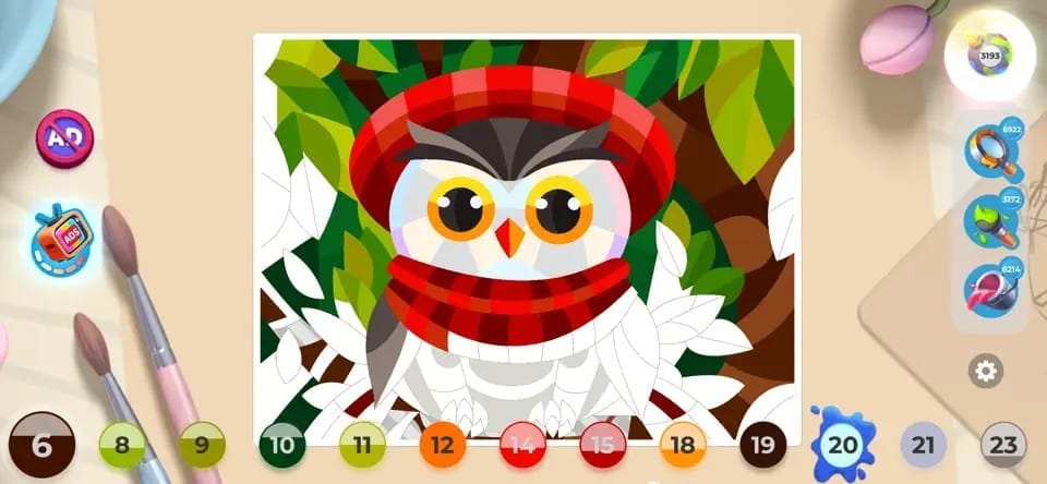 The in-app screen shows digital tools surrounding a half-finished coloring page