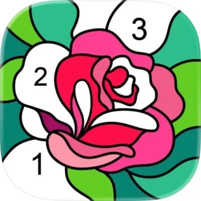 A half-finished color by number of a rose forms the logo