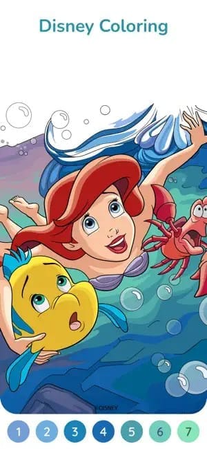 An incomplete coloring page of Disney’s Ariel and Flounder