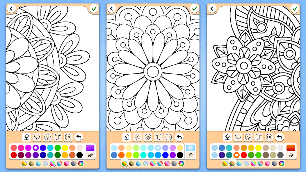 Three different mandalas showcase the app’s style and palette options