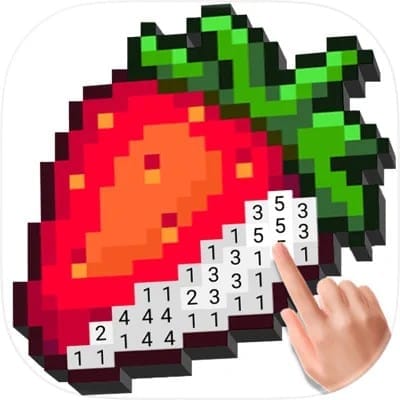 A hand finishes a color-by-number image of a strawberry forming the company logo.