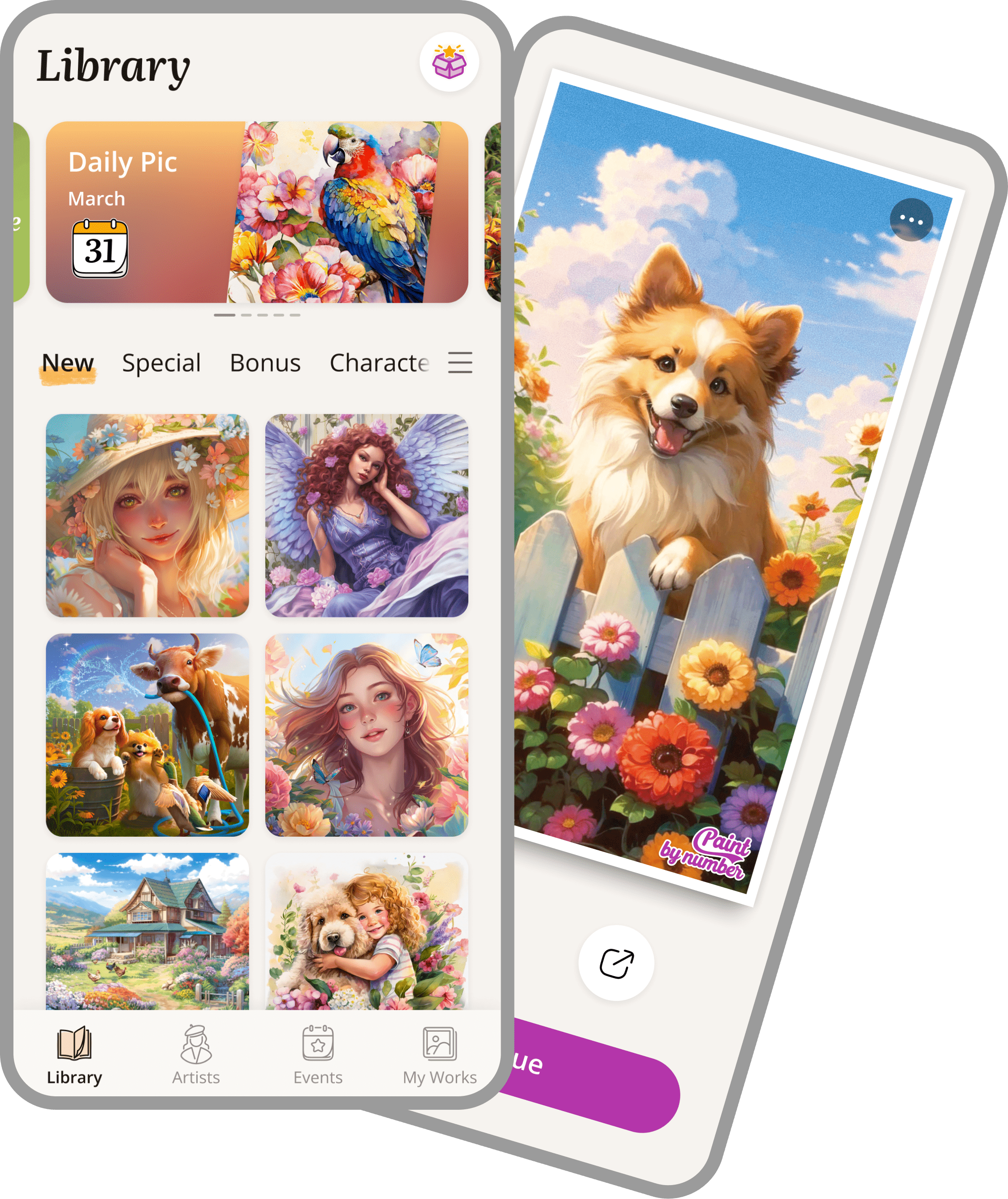 Coloring page choices are shown on two screens depicting the in-app experience
