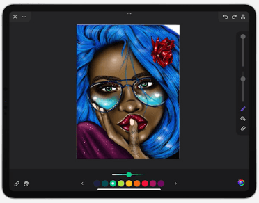 An in-progress coloring page of a woman with blue hair