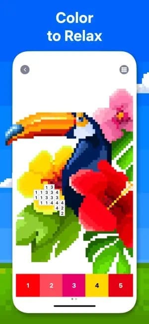 A pixel-style color-by-number page of a toucan shows the style of the app
