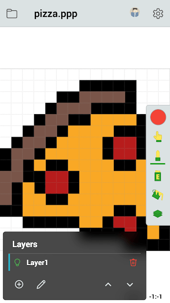 A pixel pizza showcases tools and art styles available within the app
