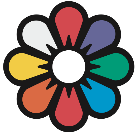 A multicolored flower with bold black outlines around the petals forms the Recolor logo.