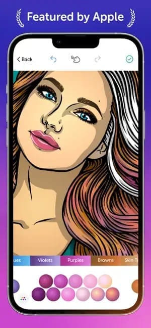 A coloring page of a woman with purple colors highlighted