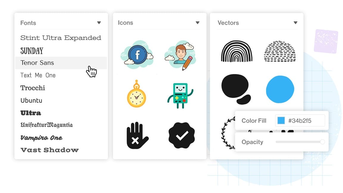 The user has the choice of fonts, icons, and vectors within the Snappa platform
