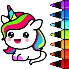 A unicorn sits next to a rainbow of markers forming the logo