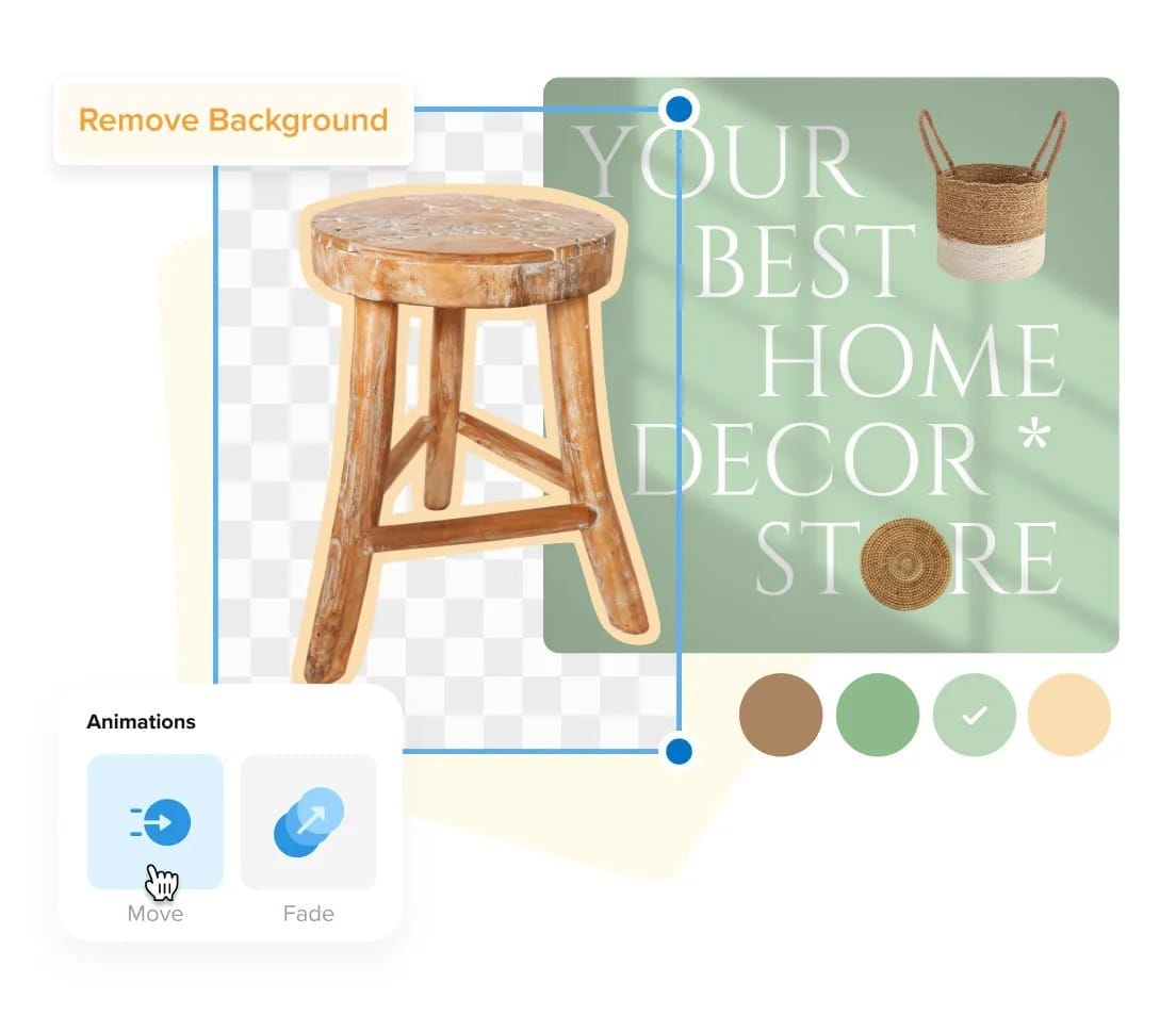 A wooden stool icon is pasted onto a home decor store ad being built within Vistacreate