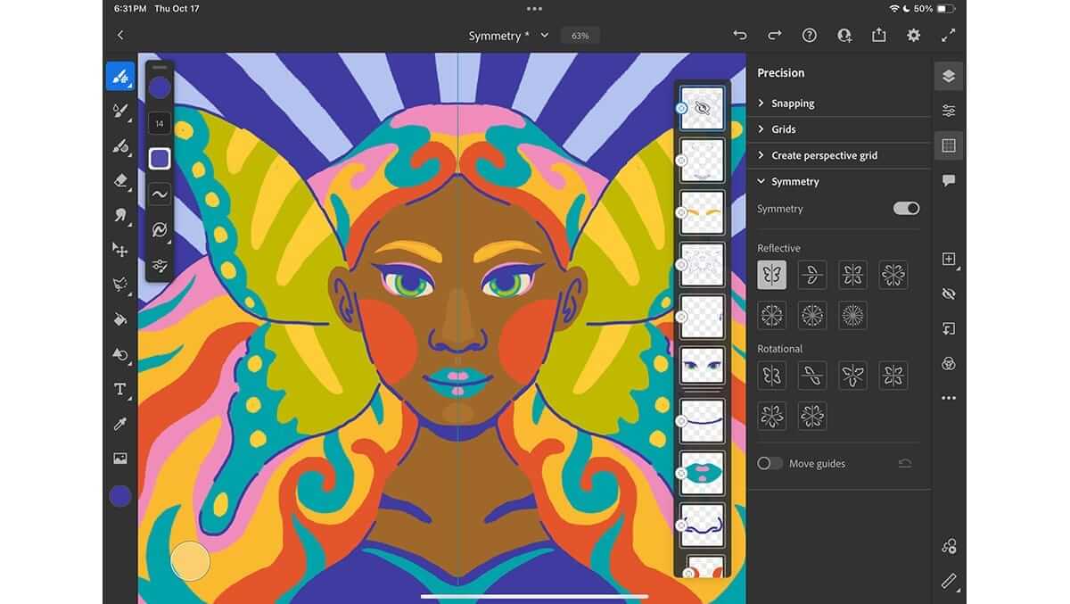 dobe Fresco drawing interface displayed on a tablet with digital brush tools visible.