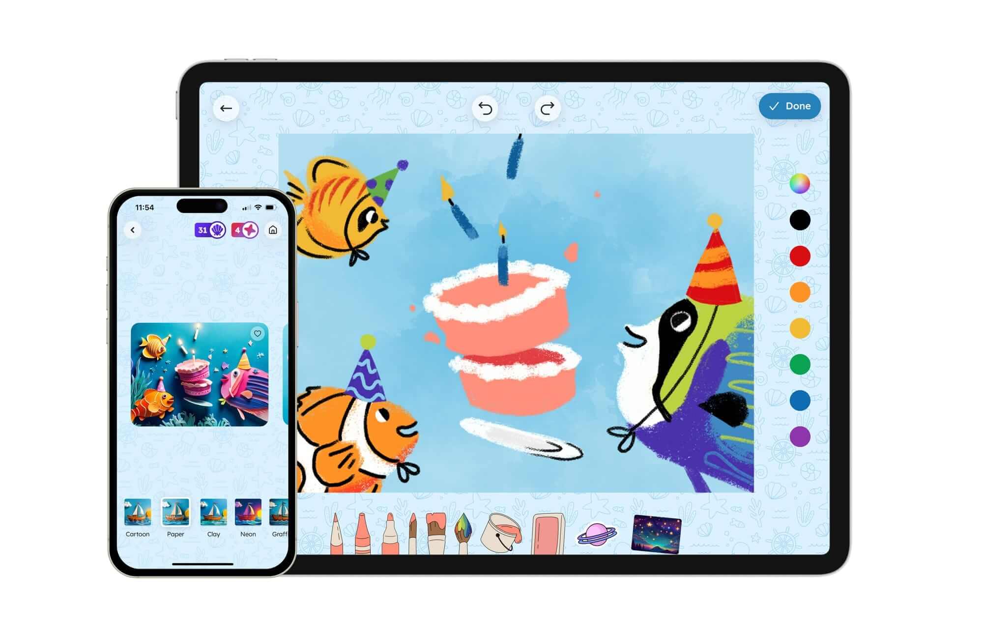 Aqua by Adobe drawing app interface showing drawing editor on iPhone and iPad