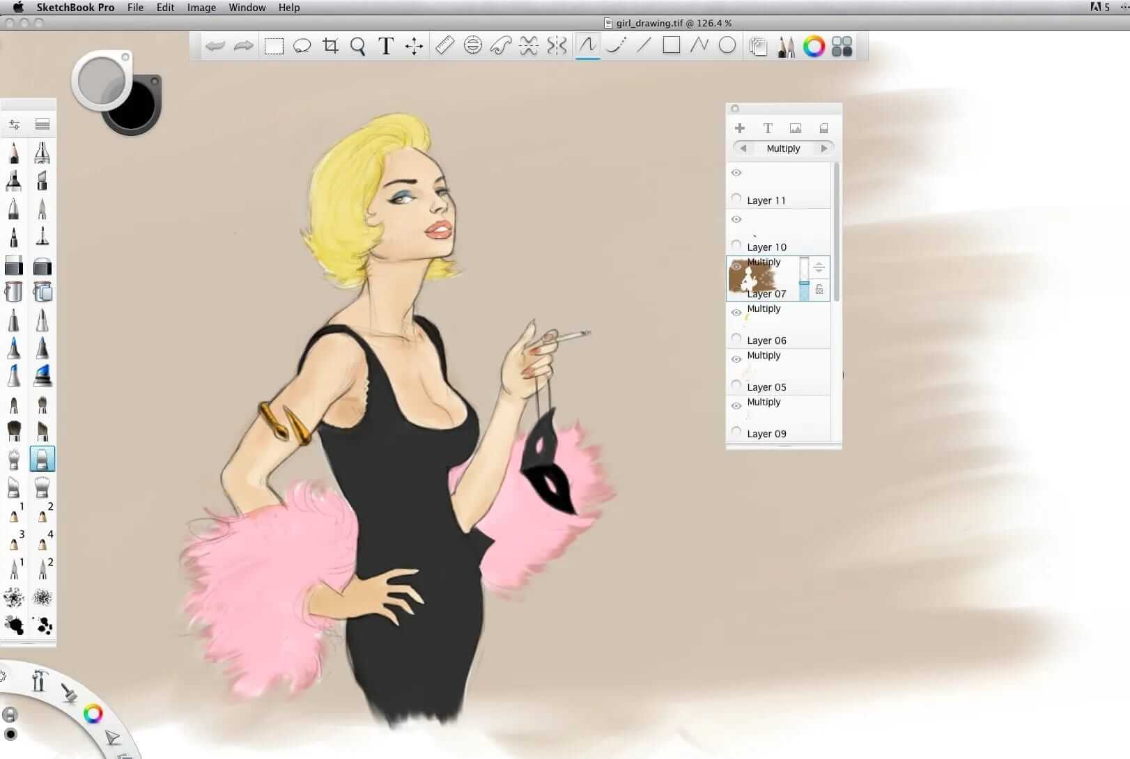 Autodesk Sketchbook interface displaying a digital fashion sketch on a layered drawing canvas.