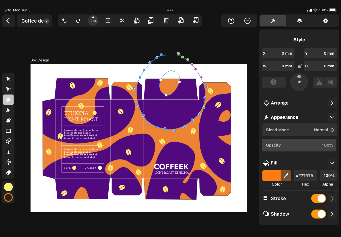 Curve vector design interface displaying editing tools, shapes, and layout controls on a tablet screen.