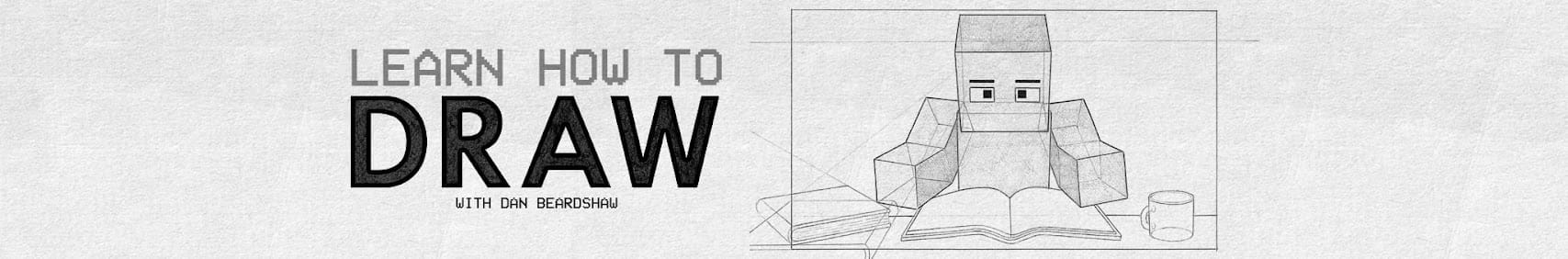 A cubed character reads a book in a pencil drawing next to the company and teacher’s names
