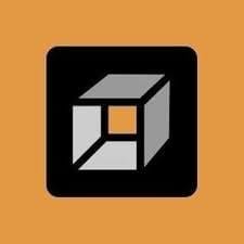 A cube in shades of gray sits on an orange background forming the logo
