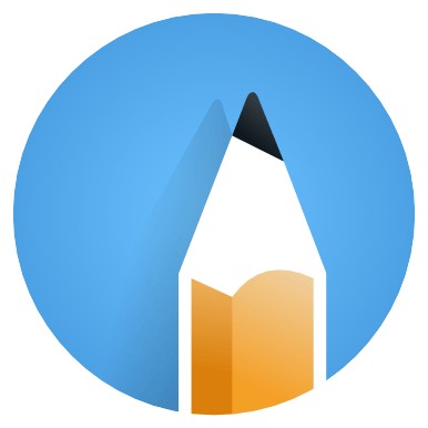 A blue background with a cartoon pencil forms the logo