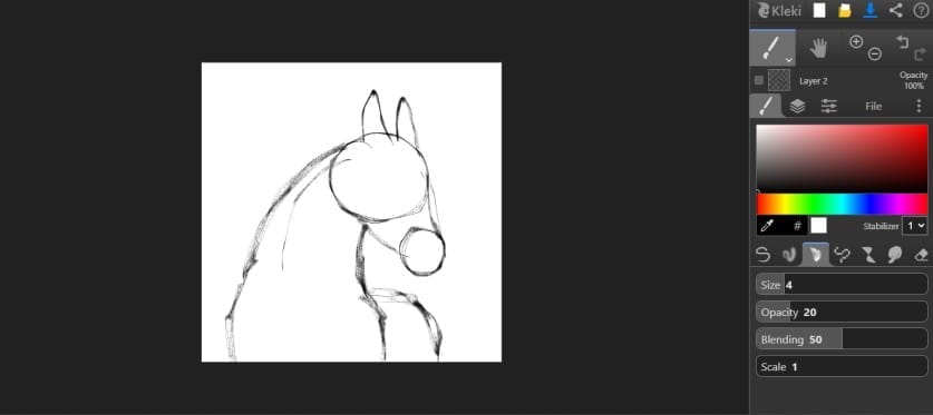 Kleki browser-based drawing interface showing canvas, brush tools, and layer options.
