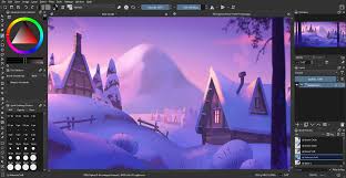 Krita desktop interface showing drawing canvas with brush tools, layers panel, and workspace controls.