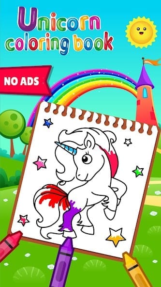 sketchbook shows a half-finished unicorn coloring page
