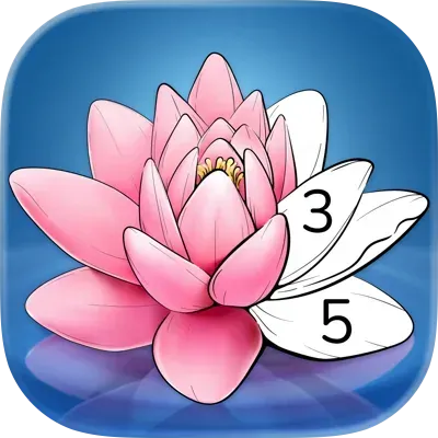 A half-finished color-by-number image of a lotus forms the logo