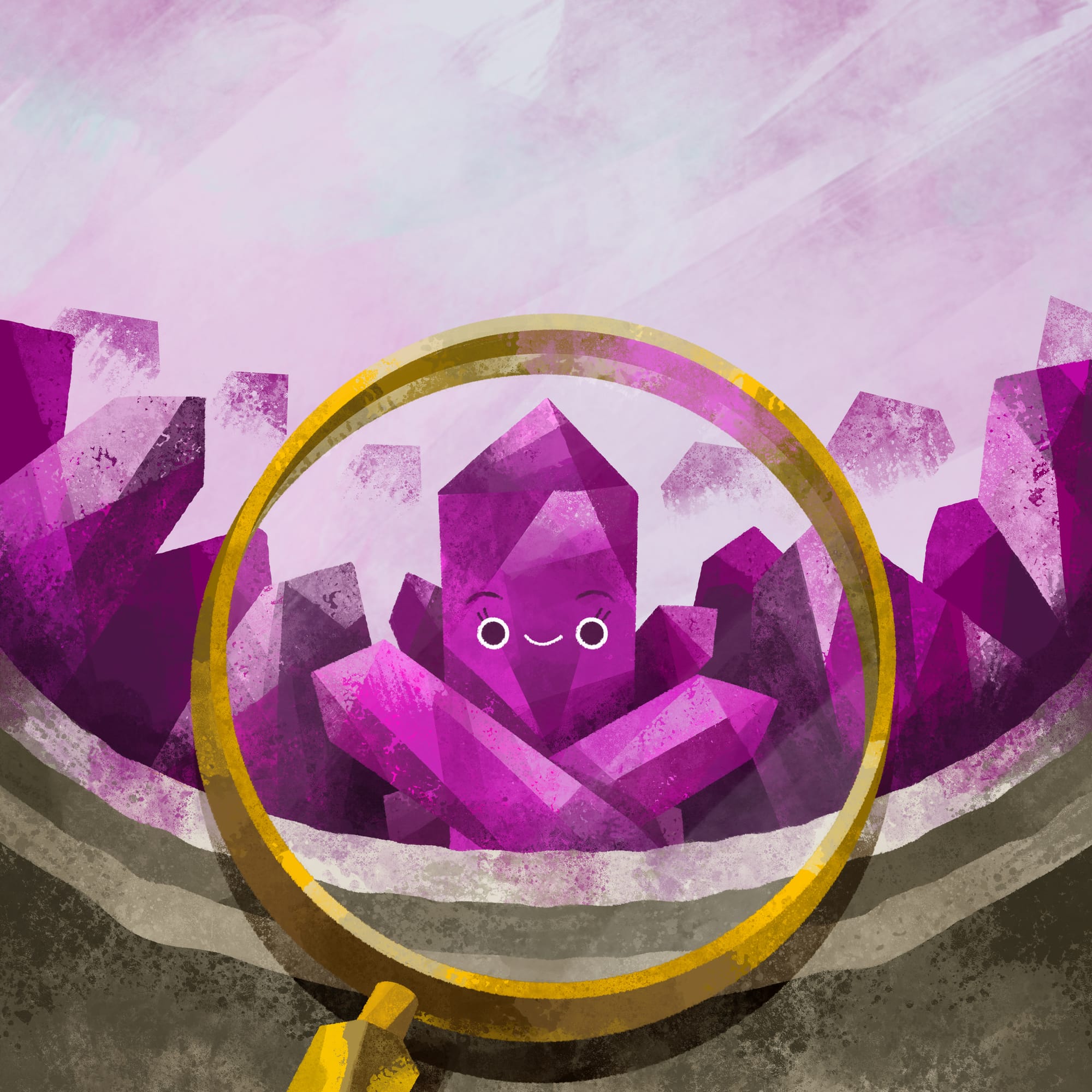 Close up drawing of a cartoon amethyst under a gold magnifying glass