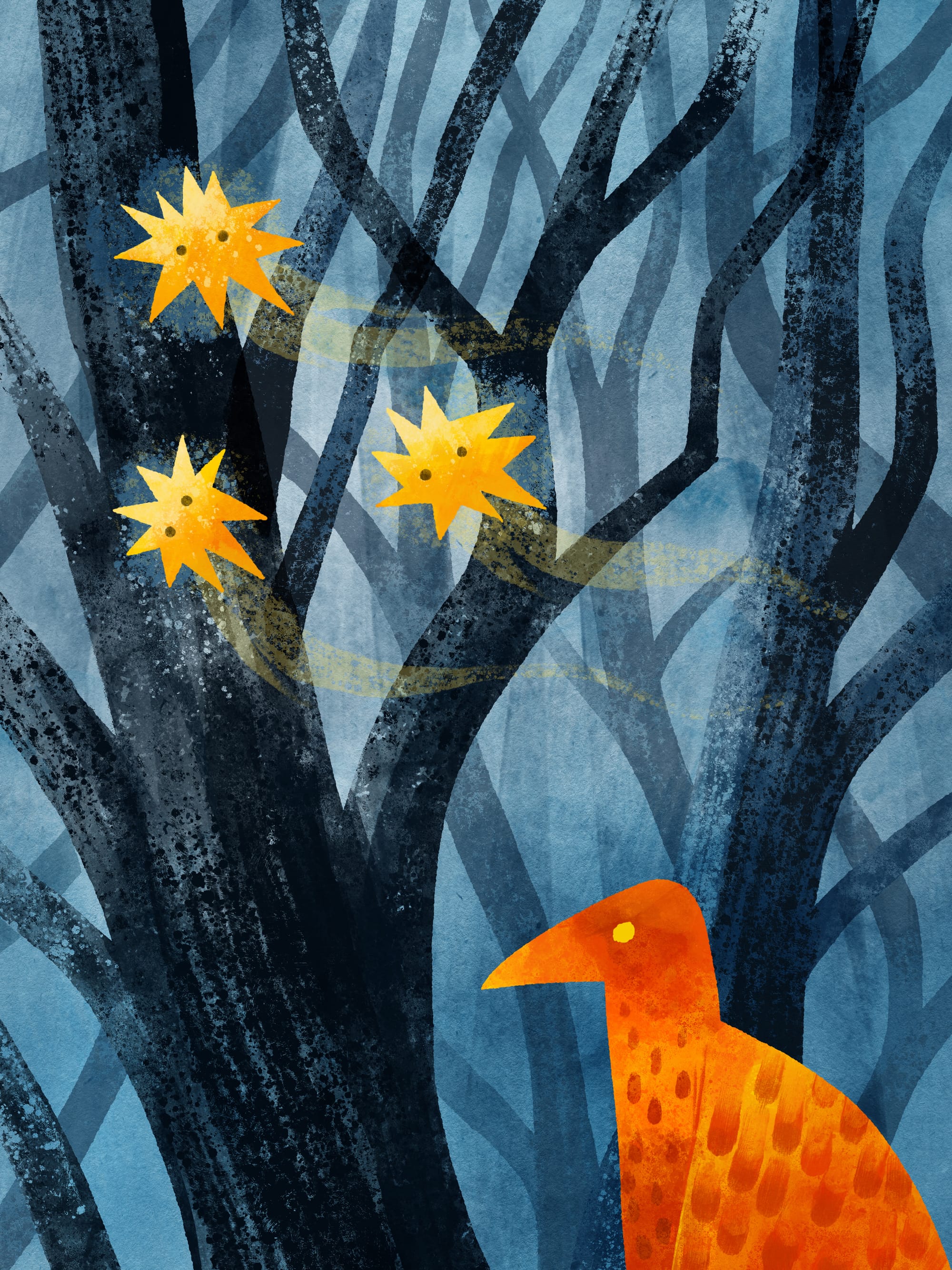 Orange bird in a dark blue forest with yellow stars